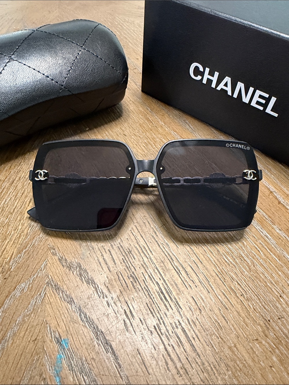 CHANEL Black & Silver Oversized Square Sunglasses with CC Emblem